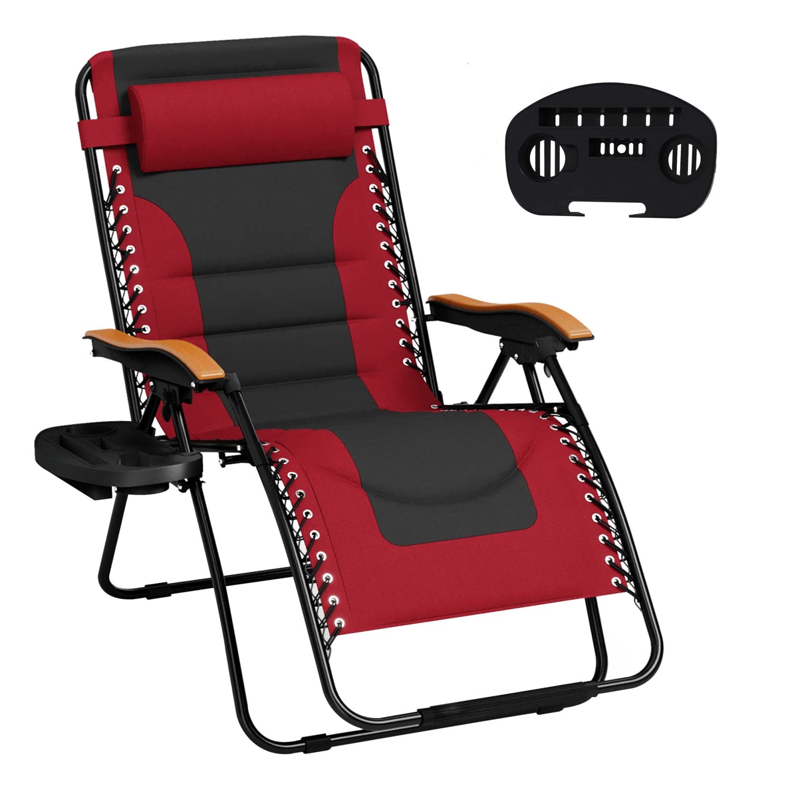 MFSTUDIO Zero Gravity Chairs, Oversized Patio Recliner Chair, Padded Folding Lawn Chair with Cup Holder Tray, Support 400lbs, Red