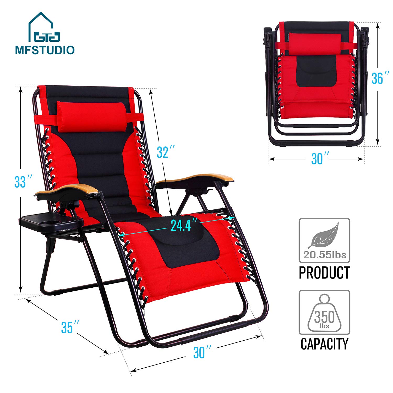 MFSTUDIO Zero Gravity Chairs, Oversized Patio Recliner Chair, Padded Folding Lawn Chair with Cup Holder Tray, Support 400lbs, Red