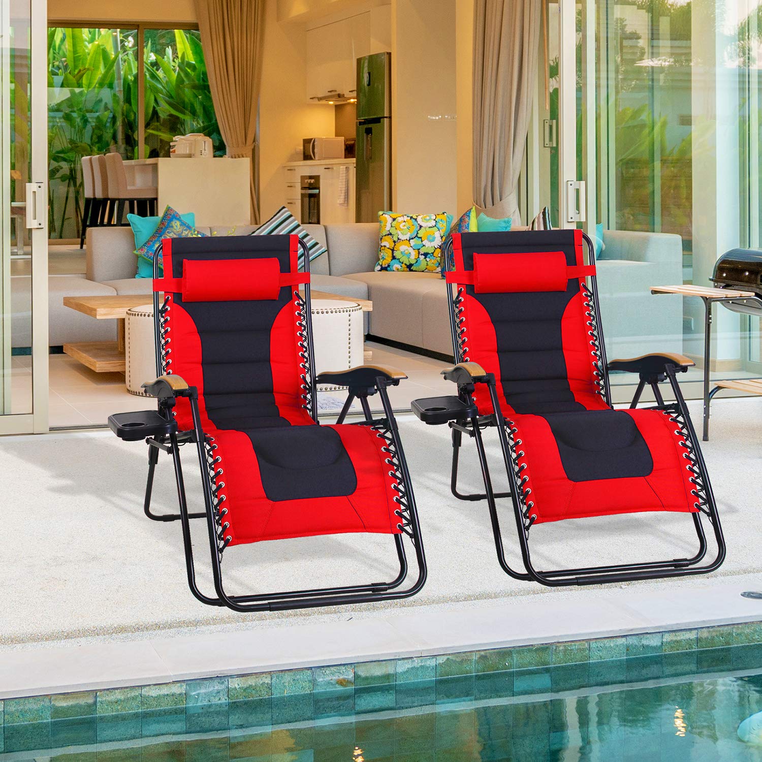 MFSTUDIO Zero Gravity Chairs, Oversized Patio Recliner Chair, Padded Folding Lawn Chair with Cup Holder Tray, Support 400lbs, Red