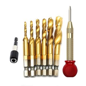 set of 8 spiral tap drill bit set, 1/4 inch metric thread tap m3-m10 hss spiral hex shank combination drill screw tap bit set with automatic spring loaded center punch tool and extension rod 60mm