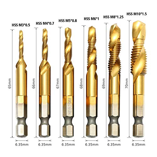 Set of 8 Spiral Tap Drill Bit Set, 1/4 Inch Metric Thread Tap M3-M10 HSS Spiral Hex Shank Combination Drill Screw Tap Bit Set with Automatic Spring Loaded Center Punch Tool and extension rod 60mm