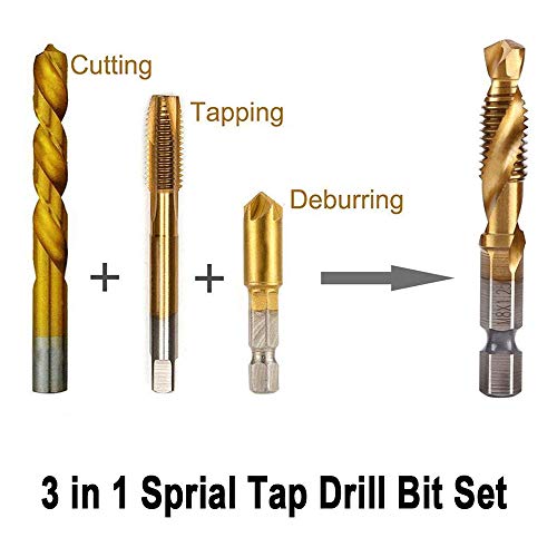 Set of 8 Spiral Tap Drill Bit Set, 1/4 Inch Metric Thread Tap M3-M10 HSS Spiral Hex Shank Combination Drill Screw Tap Bit Set with Automatic Spring Loaded Center Punch Tool and extension rod 60mm