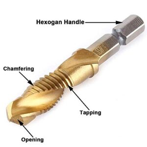 Set of 8 Spiral Tap Drill Bit Set, 1/4 Inch Metric Thread Tap M3-M10 HSS Spiral Hex Shank Combination Drill Screw Tap Bit Set with Automatic Spring Loaded Center Punch Tool and extension rod 60mm