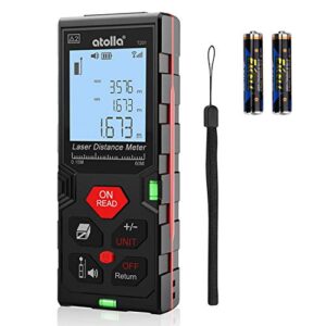 laser measure, atolla laser distance meter (196ft m/in/ft) up to 60m/±2mm accuracy with mute function, waterproof ip54, bubble level, lcd backlit for pythagorean mode, measuring distance, area, volume