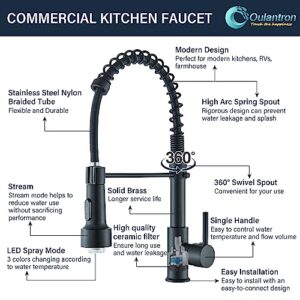 Kitchen Faucet with Spring LED Pull Down Sprayer Single Handle Matte Black Commercial Stainless Steel Kitchen Sink Faucet Oulantron high arc Kitchen Faucet