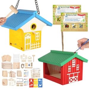 nanayo wild birds diy bird house kit for kids to build - birdhouse and bird feeder wood building kits with hanging chain and rope, mallet, paints and brushes, sandpaper, glue and bird discovery guide