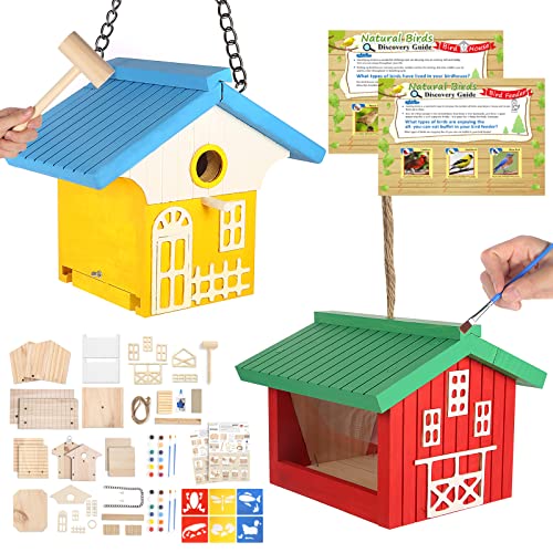 nanayo Wild Birds DIY Bird House Kit for Kids to Build - Birdhouse and Bird Feeder Wood Building Kits with Hanging Chain and Rope, Mallet, Paints and Brushes, Sandpaper, Glue and Bird Discovery Guide