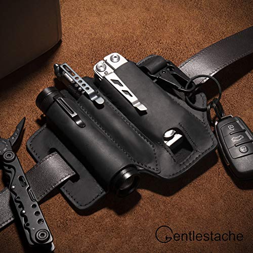 Gentlestache Multitool Sheath for Belt, Leather EDC Pocket Organizer for Men, Leatherman Sheath with Pen Holder, Key Fob, Flashlight Sheath, EDC Leather Pouch Black