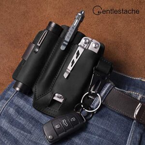 Gentlestache Multitool Sheath for Belt, Leather EDC Pocket Organizer for Men, Leatherman Sheath with Pen Holder, Key Fob, Flashlight Sheath, EDC Leather Pouch Black