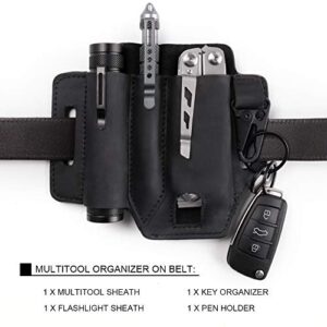 Gentlestache Multitool Sheath for Belt, Leather EDC Pocket Organizer for Men, Leatherman Sheath with Pen Holder, Key Fob, Flashlight Sheath, EDC Leather Pouch Black