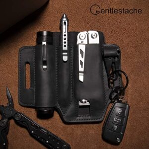 Gentlestache Multitool Sheath for Belt, Leather EDC Pocket Organizer for Men, Leatherman Sheath with Pen Holder, Key Fob, Flashlight Sheath, EDC Leather Pouch Black