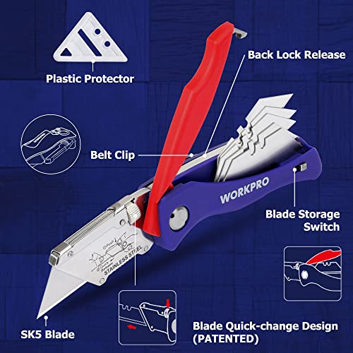 WORKPRO Folding Utility Knife, Quick-Change Box Cutter with Blades Storage Design, Premium SK5 Razor Knife for Cartons, Cardboard, and Boxes, Extra 15-Piece Blades Included