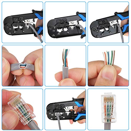 RJ45 Crimping Tool Kit Ethernet Crimp Set, RJ-11, 6P/RJ-12, 8P/RJ-45 Crimp, Cut and Strip with 20PCS CAT5 CAT5e Connectors, Covers,1 Network Cable Tester 1 Wire Stripper