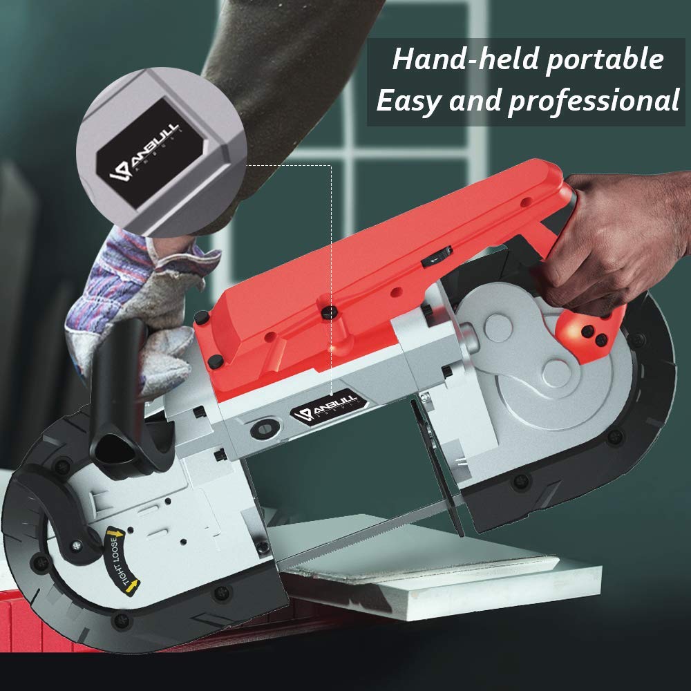 Anbull Portable Band Saw with Upgraded Removable Alloy Steel Base, 45°-90° Metal Cutting, 10A 1100W Motor, 5-inch Deep Cut, with .025-by-44-7/8-Inch 14 TPI Saw Blade and Led Spotlight