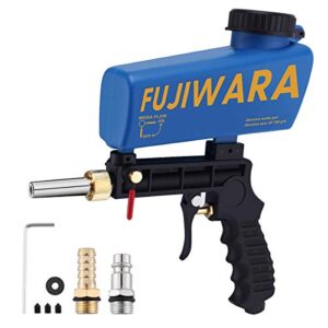 fujiwara sand blaster gun kit, sandblaster with 2 replaceable tips quick connect, works with all blasting abrasives–professional handheld machine for metal rust remove, blue