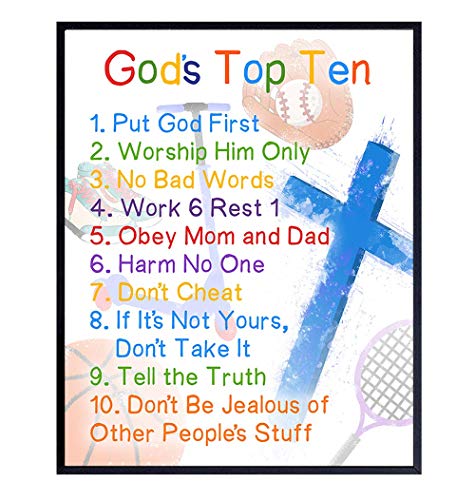 The Ten Commandments for Boys - Bible Verse Religious Christian Scripture Wall Art - Kids Wall Decor, Kids Bedroom Decor, Kids Wall Art - Gift For Child, Girls Room, Nursery Poster Print - 8x10