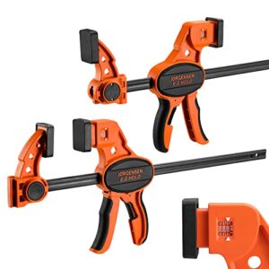 jorgensen bar clamps for woodworking, 12" 2-pack one-handed clamps/spreader with load limit indicator, quick grip bar clamps e-z hold f clamps set with 300 lbs load limit, medium duty