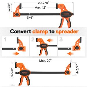 Jorgensen Bar Clamps For Woodworking, 12" 2-Pack One-Handed Clamps/Spreader with Load Limit Indicator, Quick Grip Bar Clamps E-Z Hold F Clamps Set with 300 lbs Load Limit, Medium Duty