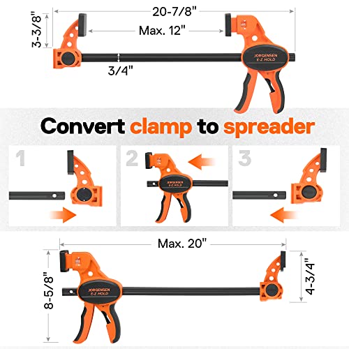 Jorgensen Bar Clamps For Woodworking, 12" 2-Pack One-Handed Clamps/Spreader with Load Limit Indicator, Quick Grip Bar Clamps E-Z Hold F Clamps Set with 300 lbs Load Limit, Medium Duty