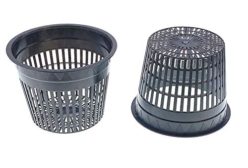 HORTIPOTS 5 Inch Net Pots Raised Center Bottom Mesh Side Wide Rim Round Cup with Free Reflective Top Lids for Hydroponics Systems (Pack of 10, Black)
