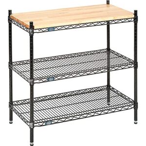 nexel wire display unit, 48" x 18" x 34", solid hardwood butcher block top, 3 tier chrome over nickel finish, adjustable shelves, 800lb per shelf capacity, leveling feet with glides