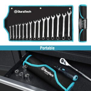 DURATECH Combination Wrench Set, Metric, 15-Piece, 8, 9, 10, 11, 12, 13, 14, 15, 16, 17, 18, 19, 20, 21, 22mm, 12-Point, CR-V Steel, with Rolling Pouch