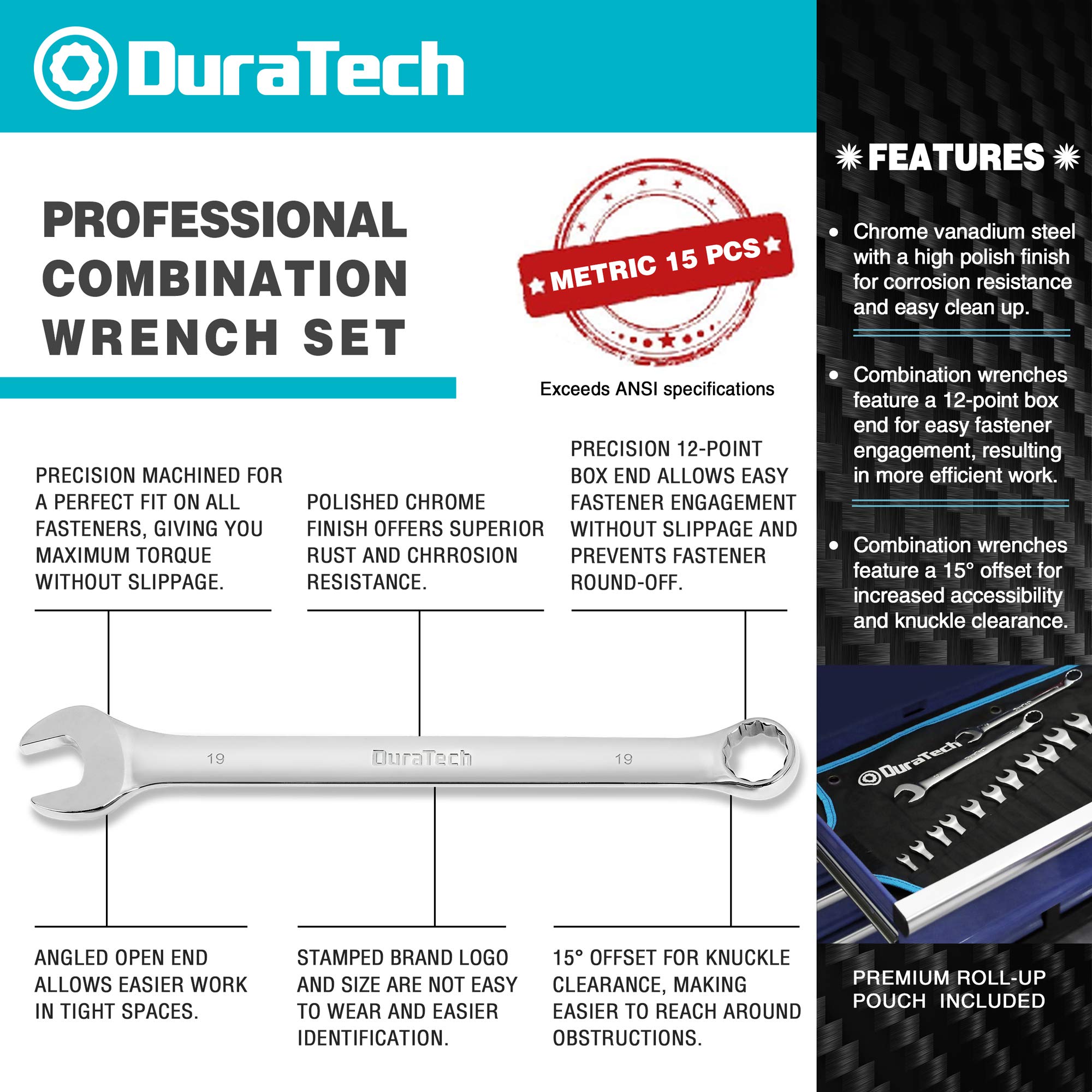 DURATECH Combination Wrench Set, Metric, 15-Piece, 8, 9, 10, 11, 12, 13, 14, 15, 16, 17, 18, 19, 20, 21, 22mm, 12-Point, CR-V Steel, with Rolling Pouch