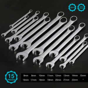 DURATECH Combination Wrench Set, Metric, 15-Piece, 8, 9, 10, 11, 12, 13, 14, 15, 16, 17, 18, 19, 20, 21, 22mm, 12-Point, CR-V Steel, with Rolling Pouch