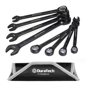 duratech ratcheting combination wrench set, 144-p, double-stacked pawls, 8-piece, sae, 5/16'' to 3/4'', cr-v steel, black chrome plated, with organizer pouch