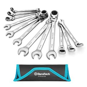 duratech flex-head ratcheting wrench set, combination wrench set, 72 tooth, metric, 12-piece, size covers 8-19mm, cr-v steel, with rolling pouch