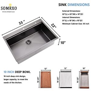 SOMRXO 33 Inch Drop In Kitchen Sink Black Stainless Steel Workstation 33x22 Kitchen Sink Drop In Workstation Sink Topmount 16 Gauge Gunmetal Black Stainless Steel Sink 10"Deep Single Bowl Kitchen Sink