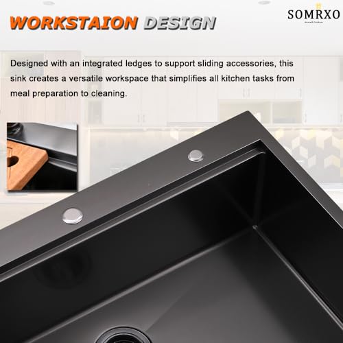 SOMRXO 33 Inch Drop In Kitchen Sink Black Stainless Steel Workstation 33x22 Kitchen Sink Drop In Workstation Sink Topmount 16 Gauge Gunmetal Black Stainless Steel Sink 10"Deep Single Bowl Kitchen Sink