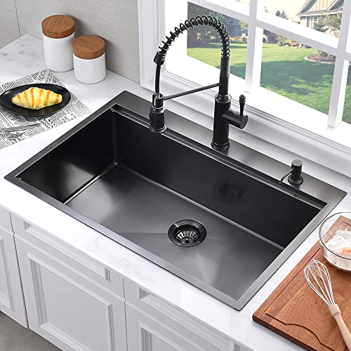 SOMRXO 33 Inch Drop In Kitchen Sink Black Stainless Steel Workstation 33x22 Kitchen Sink Drop In Workstation Sink Topmount 16 Gauge Gunmetal Black Stainless Steel Sink 10"Deep Single Bowl Kitchen Sink