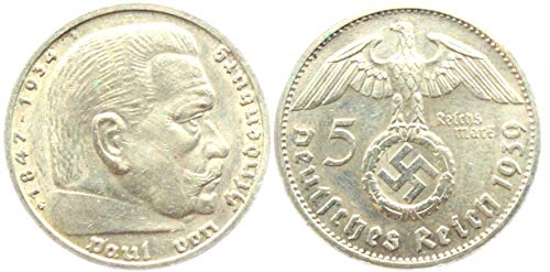 1937 DE LARGEST HIGHEST DENOMINATION MOST VALUABLE NAZI COIN EVER MINTED! HINDENBURG, SWASTIKA 5 SILVER MARKS AU (Almost Uncirculated)