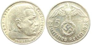 1937 de largest highest denomination most valuable nazi coin ever minted! hindenburg, swastika 5 silver marks au (almost uncirculated)