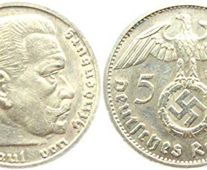1937 DE LARGEST HIGHEST DENOMINATION MOST VALUABLE NAZI COIN EVER MINTED! HINDENBURG, SWASTIKA 5 SILVER MARKS AU (Almost Uncirculated)
