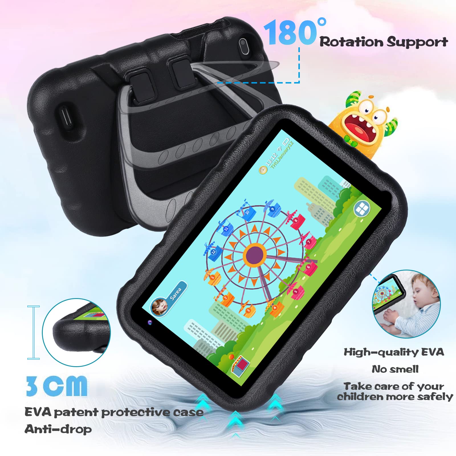 YESTEL Kids Tablet 7" Android 11 Tablets Urtra-Responsive Tablet for Kids 2GB RAM 32GB | Shock- Proof Case | Reversible Stand | and More - Black