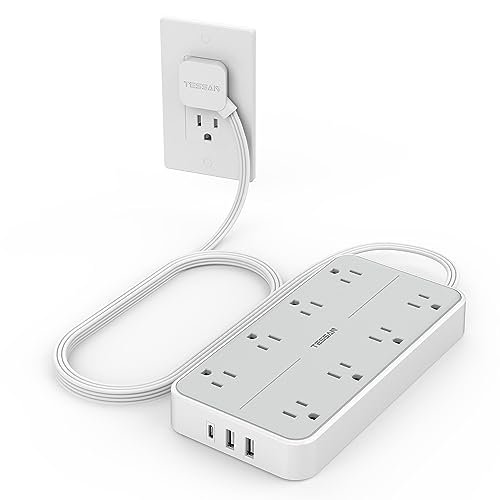 Power Strip Surge Protector, TESSAN Flat Plug Extension Cord with 8 Outlets 3 USB Charger(1 USB C), 1080 Joules Protection, Wall Mountable Charging Station for Home Office School Dorm Room Essentials