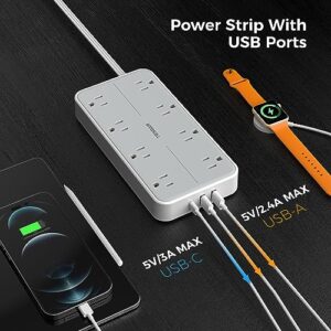 Power Strip Surge Protector, TESSAN Flat Plug Extension Cord with 8 Outlets 3 USB Charger(1 USB C), 1080 Joules Protection, Wall Mountable Charging Station for Home Office School Dorm Room Essentials