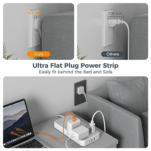 Power Strip Surge Protector, TESSAN Flat Plug Extension Cord with 8 Outlets 3 USB Charger(1 USB C), 1080 Joules Protection, Wall Mountable Charging Station for Home Office School Dorm Room Essentials