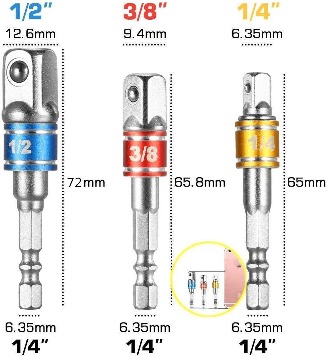 Flexible Drill Bit Extension, Includes 105° Right Angle Drill, Bendable, 3pcs 1/4 3/8 1/2" Universal Socket Adapter Set, 3pcs Drill Bit Holder, Screwdriver Bit Kit