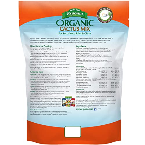 Espoma Organic Cactus Potting Soil Mix, Natural & Organic Soil for Cactus, Succulent, Palm, and Citrus Grown in containers Both Indoors and Outdoors, 8 qt, Pack of 2