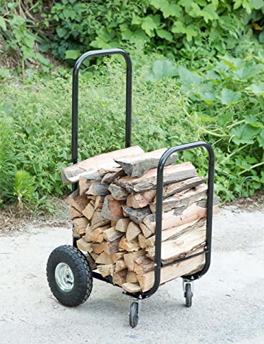 Gardenised Black Firewood Rack Outdoor Indoor, Heavy Duty Firewood Carrier with Front Wheels Wood Fireplace Tool Rack, Rolling Storage Cart Cover Included