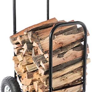 Gardenised Black Firewood Rack Outdoor Indoor, Heavy Duty Firewood Carrier with Front Wheels Wood Fireplace Tool Rack, Rolling Storage Cart Cover Included
