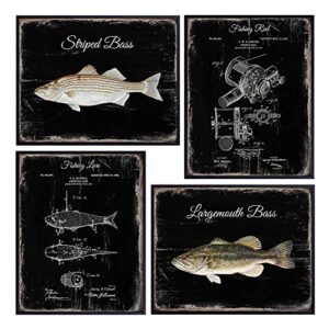 vintage bass fishing patent print set - rustic freshwater lake or river fish sign style posters - reel, lure wall art, home decor, room decoration picture photos - gift for fisherman, angler -unframed
