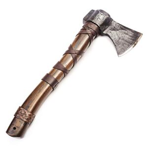 norse tradesman 14" viking throwing axe - fully sharpened norse hand-axe - carbon steel axe head with premium leather cross-stitch