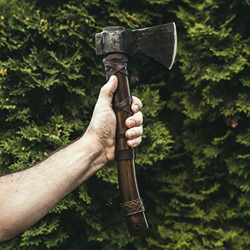 Norse Tradesman 14" Viking Throwing Axe - Fully Sharpened Norse Hand-Axe - Carbon Steel Axe Head with Premium Leather Cross-Stitch