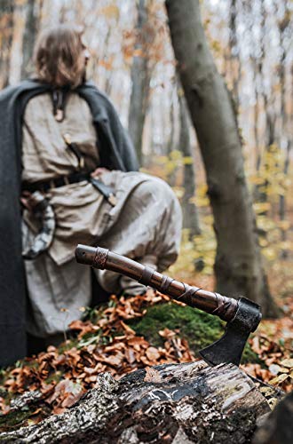 Norse Tradesman 14" Viking Throwing Axe - Fully Sharpened Norse Hand-Axe - Carbon Steel Axe Head with Premium Leather Cross-Stitch