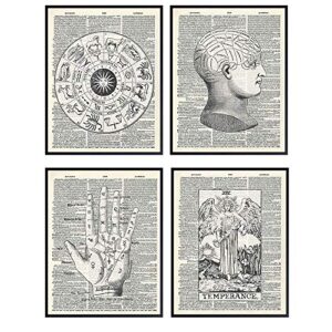 zodiac sign, astrology, tarot, occult, palm reading, palmistry, phrenology, tarot wall art - vintage mystical arts home decor set - unique goth steampunk gift for psychic - dictionary photo