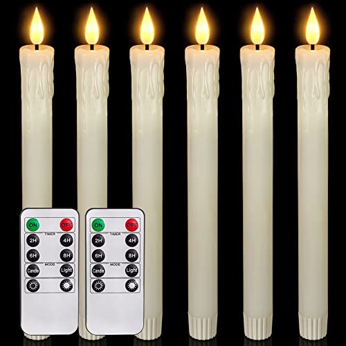 5plots Drip Wax Look Flameless Flickering Taper Candles with 2 Remotes and Timer, Realistic Battery Operated Candles LED Candlesticks, Christmas Halloween Home Wedding Decor & Gifts, Ivory, 6 pcs